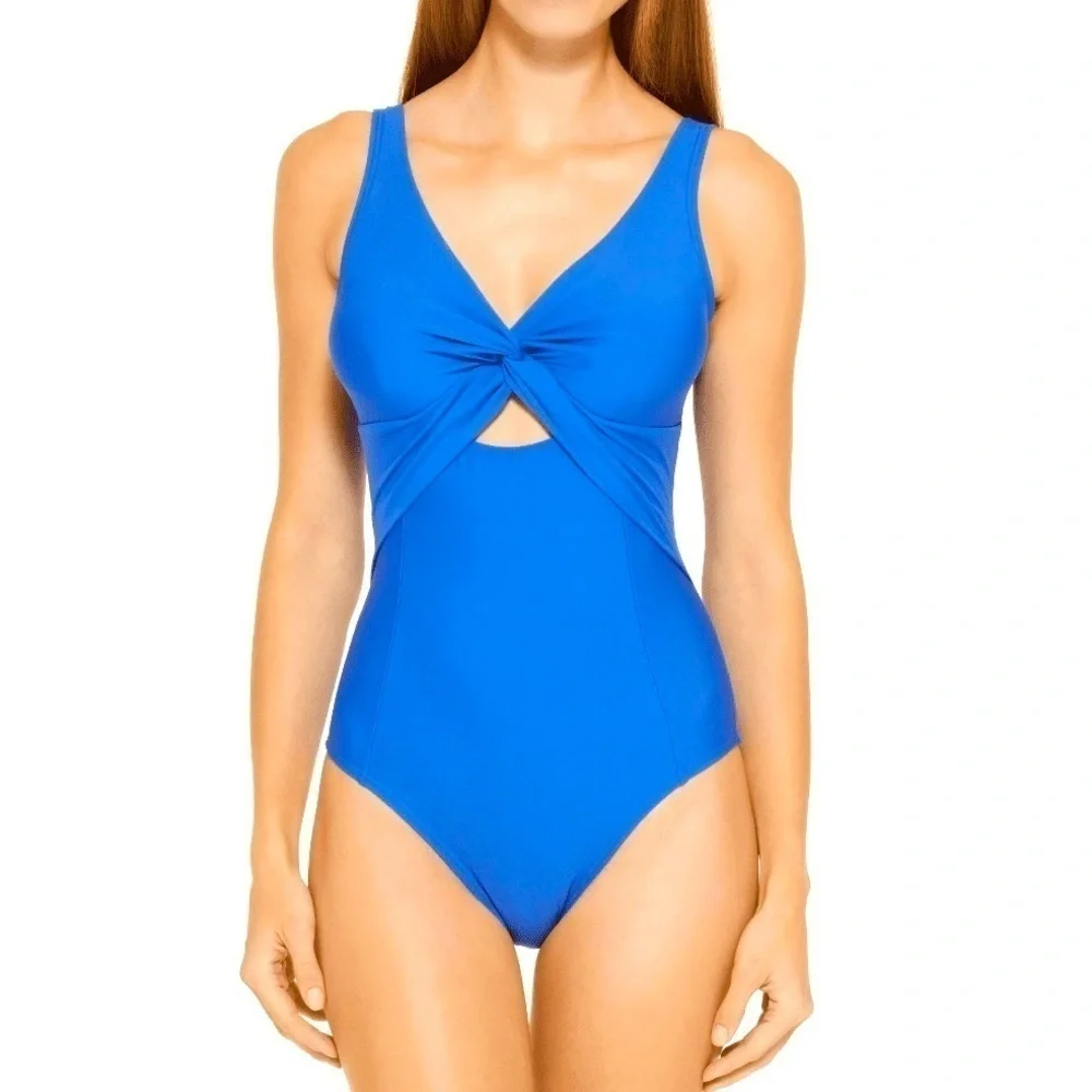Brand New DKNY Blue Peek A Boo Twist One Piece Swimsuit 50+ UPF 4-Way Stretch - Picture 1 of 16